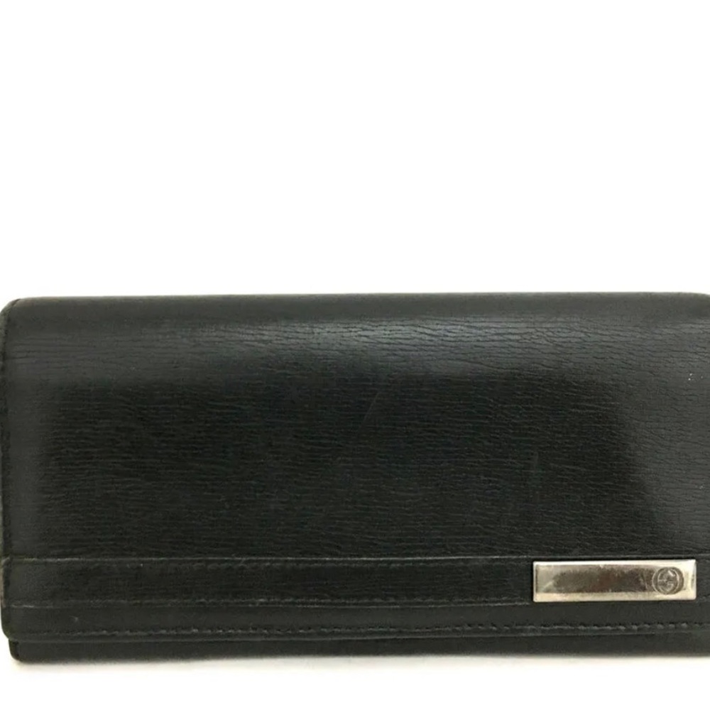 GUCCI GG Logo Smooth Black Leather Long Bifold Wallet